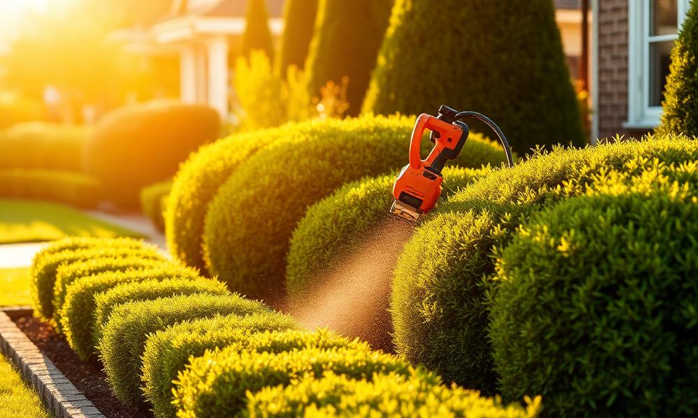 Landscaper trimming hedges at a residential property