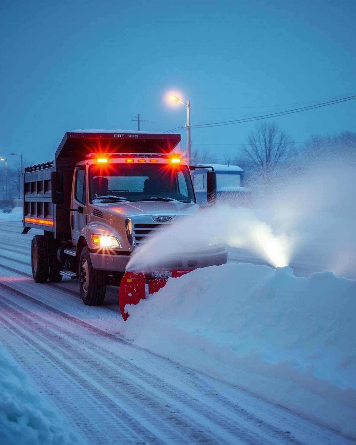Snow plow truck clearing a residential street