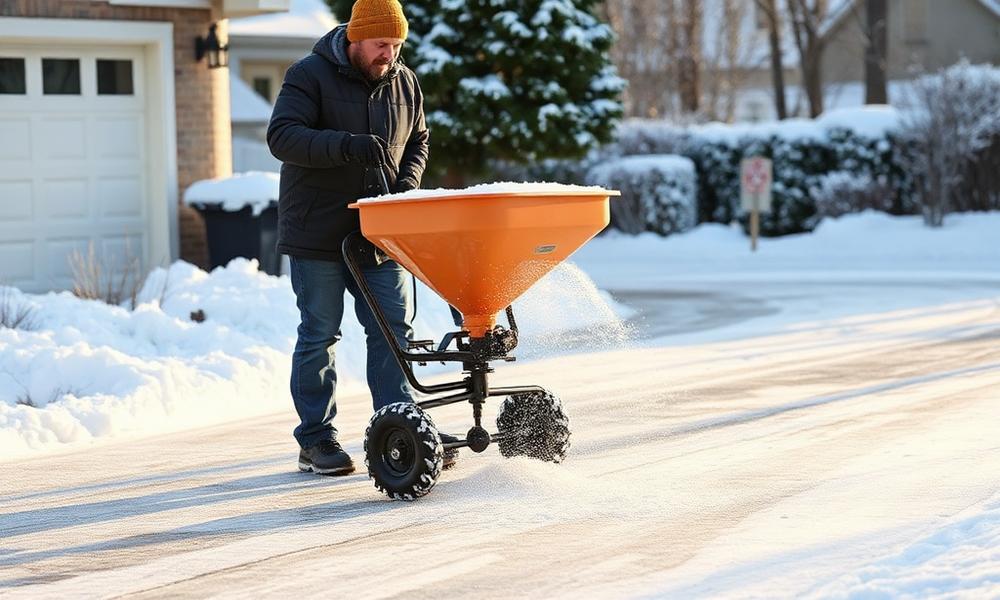 Worker spreading salt on an icy driveway with a broadcast spreader